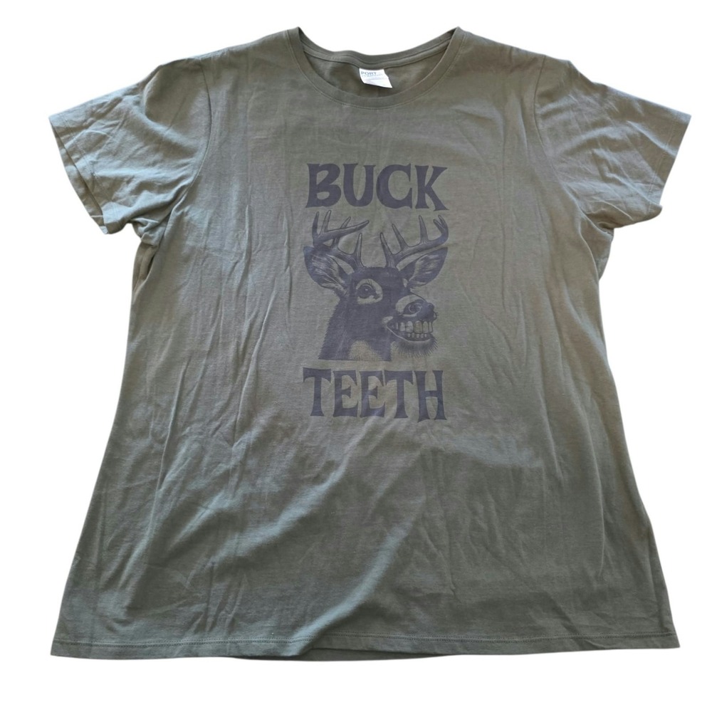 Buck Teeth Deer T-Shirt Joke Funny Humor Green Port & Co Cotton Adult Size XL